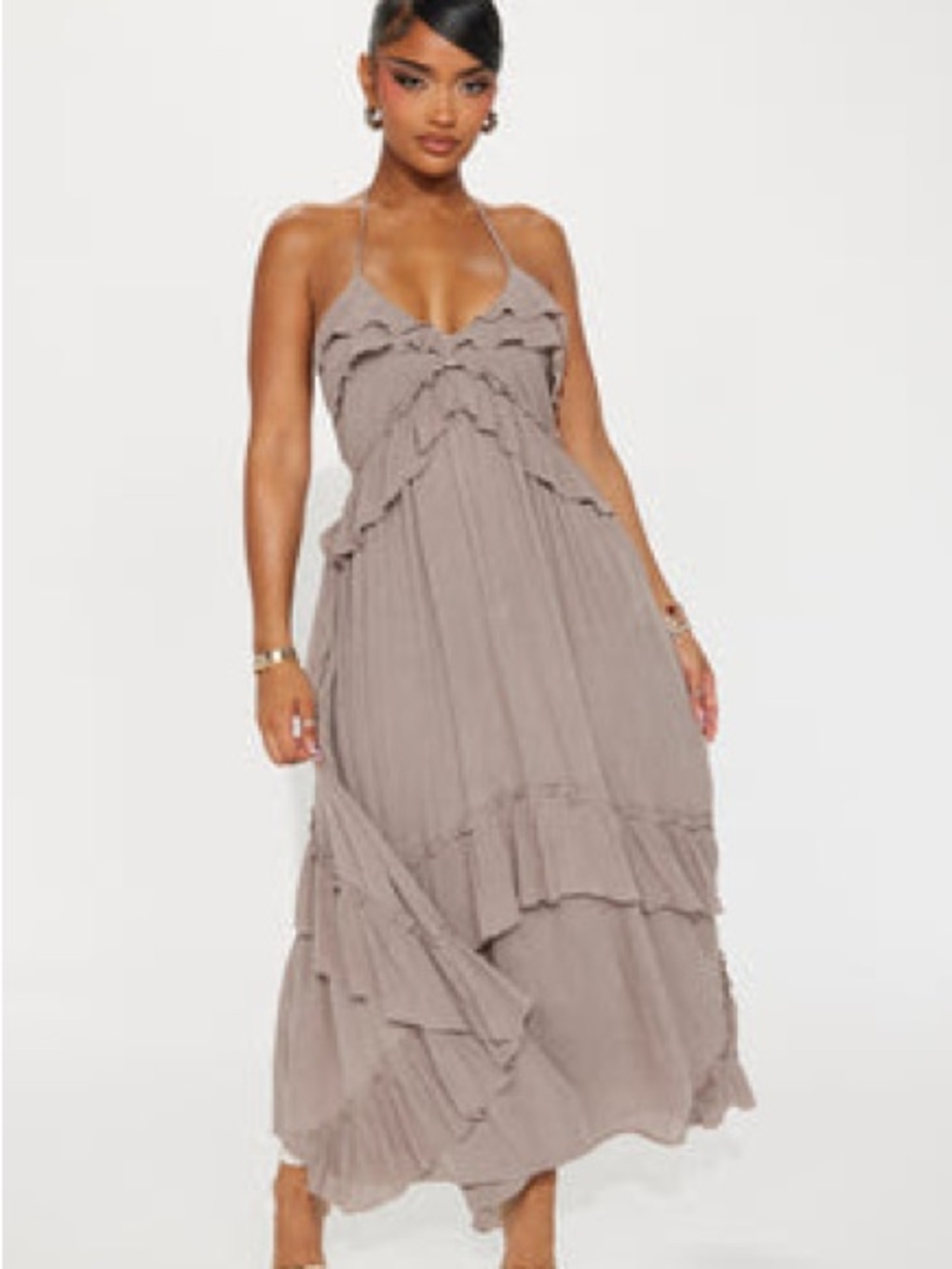 Fashion Nova Taupe Ruffle Halter Maxi Dress